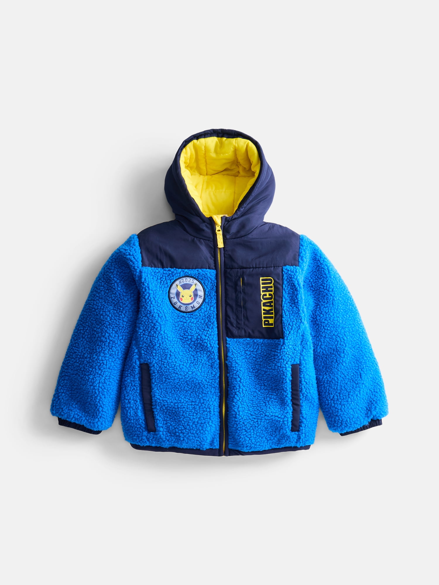 Pokemon Pikachu Boys’ Faux Shearling Jacket with Hood, Sizes XS-XL