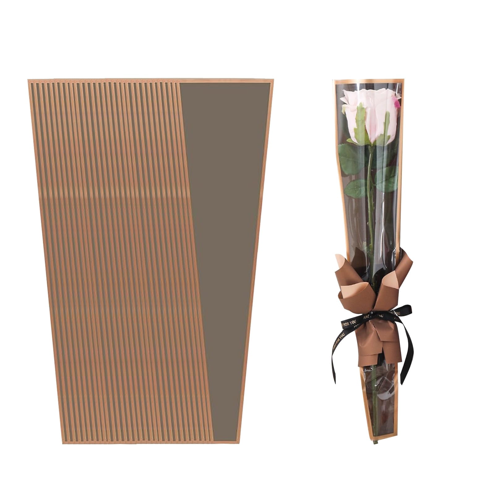 BEISHIDA 100 Pack Single Rose Sleeves - Kraft Paper & Clear Plastic Flower Bouquet Wrappers For Gifts, Weddings, Valentine's Day (15.7 X 4.7 In)