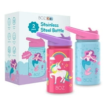 BOZ Kids Insulated Stainless Steel Water Bottle with Straw Lid - Two-Pack Bundle, Unicorn / Mermaid 14 oz (414ml)