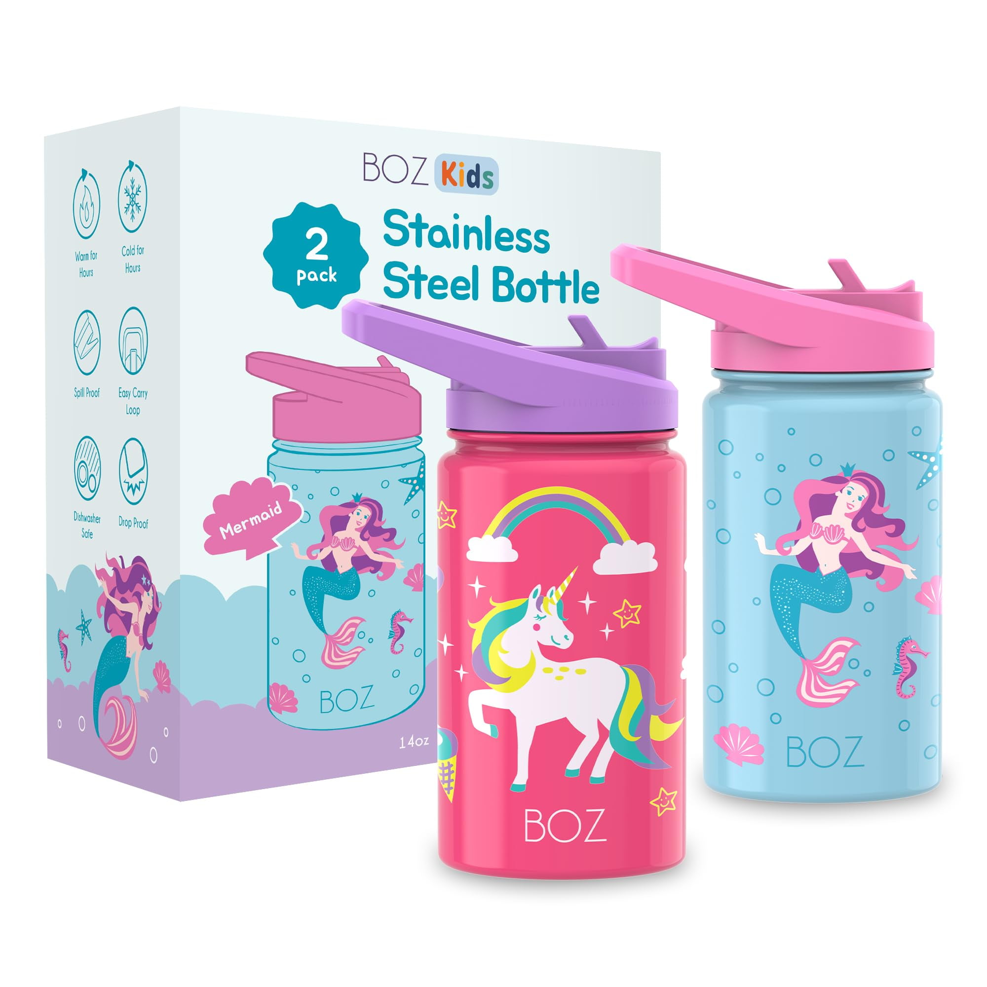 BOZ Kids Insulated Stainless Steel Water Bottle with Straw Lid - Two ...