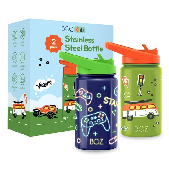 BOZ Kids Insulated Water Bottle with Straw Lid - Two-Pack Bundle, Game / Car, Stainless Steel Vacuum Double Wall Water Cup, 14 oz