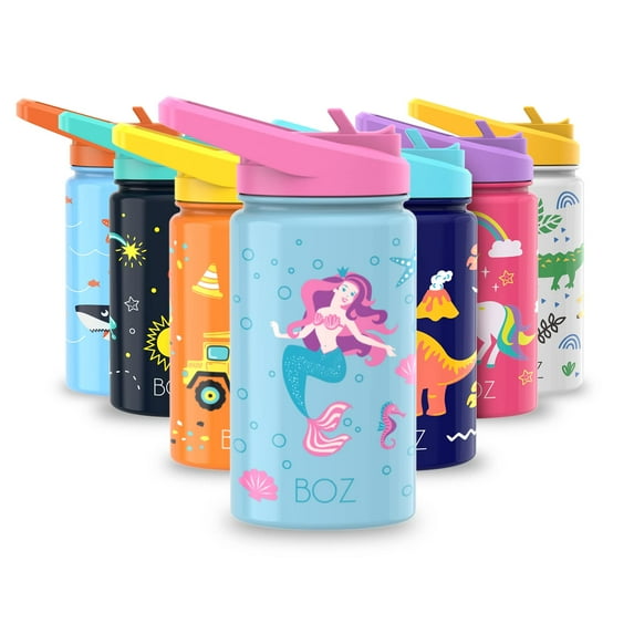 BOZ Kids Water Bottle for School with Straw Lid, Stainless Steel, 14 oz (414ml) (Mermaid)