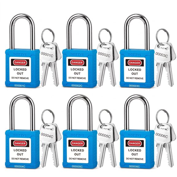 BOZZYS Lockout Tagout Locks 6-Pack, OSHA Blue Loto Locks Keyed Different, 2 Keys/Lock for Industrial Machinery & Electrical Panels, Chrome Steel & Laser Coding