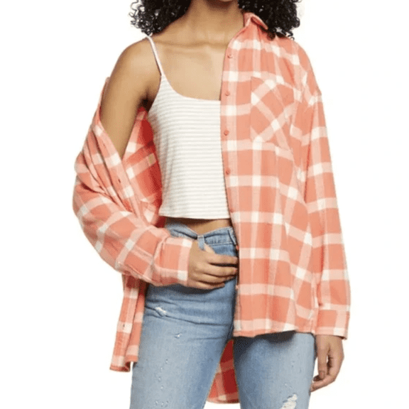 BP. Boyfriend Plaid Button-Up Shirt, Size X-Small - Coral