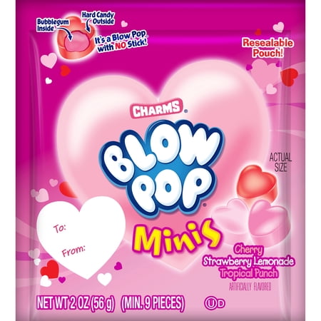 Charms Blow Pop Mini's, Valentine to / from, 2 oz Pouch. Peanut Free, Gluten Free. Milk and Soy May Be Present.