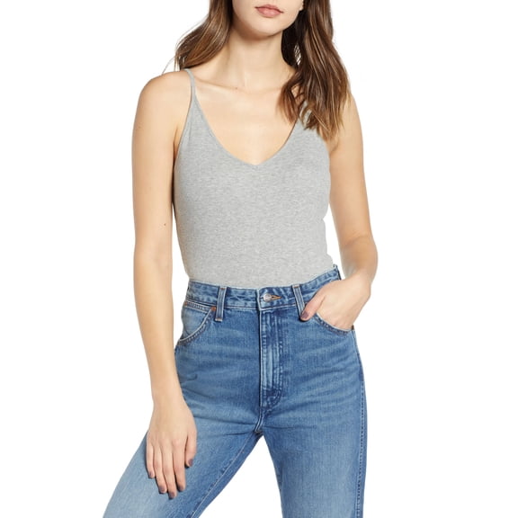 BP. Women's Bodysuit Large Sleeveless V-Neck Ribbed Solid   Gray L