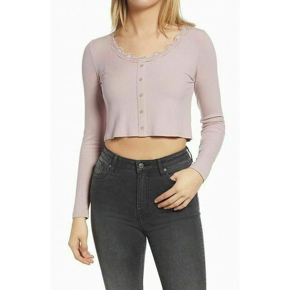 BP. Women's Lace Trim Long Sleeve Button-Front Ribbed Cropped Top Pink M, NWT