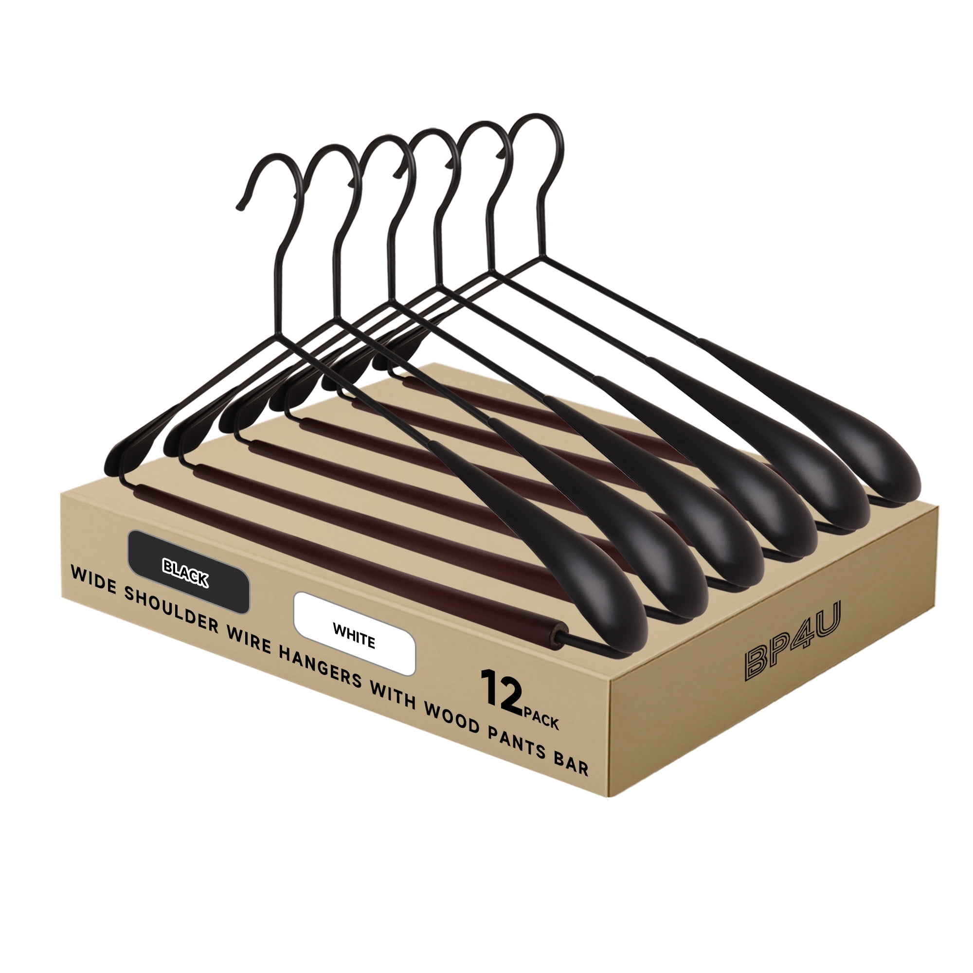 BP4U 12-Pack Heavy Duty Metal Wide Shoulder Suit Hangers, Welded Coat Hangers with Beech Wood Pants Bar(Black)