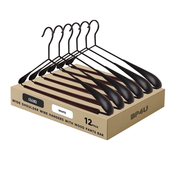 BP4U 12-Pack Heavy Duty Metal Wide Shoulder Suit Hangers, Welded Coat Hangers with Beech Wood Pants Bar(Black)