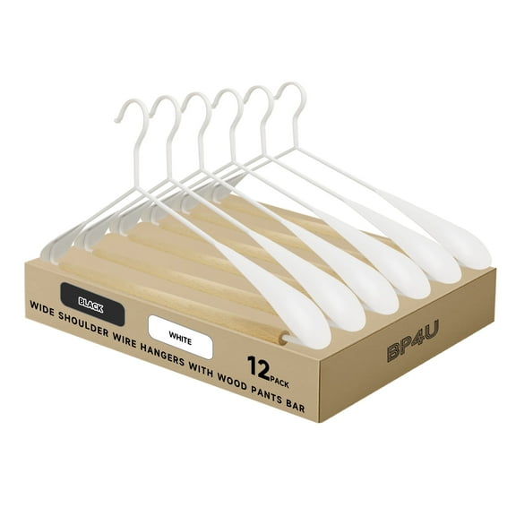 BP4U 12-Pack Heavy Duty Metal Wide Shoulder Suit Hangers, Welded Coat Hangers with Beech Wood Pants Bar(White)