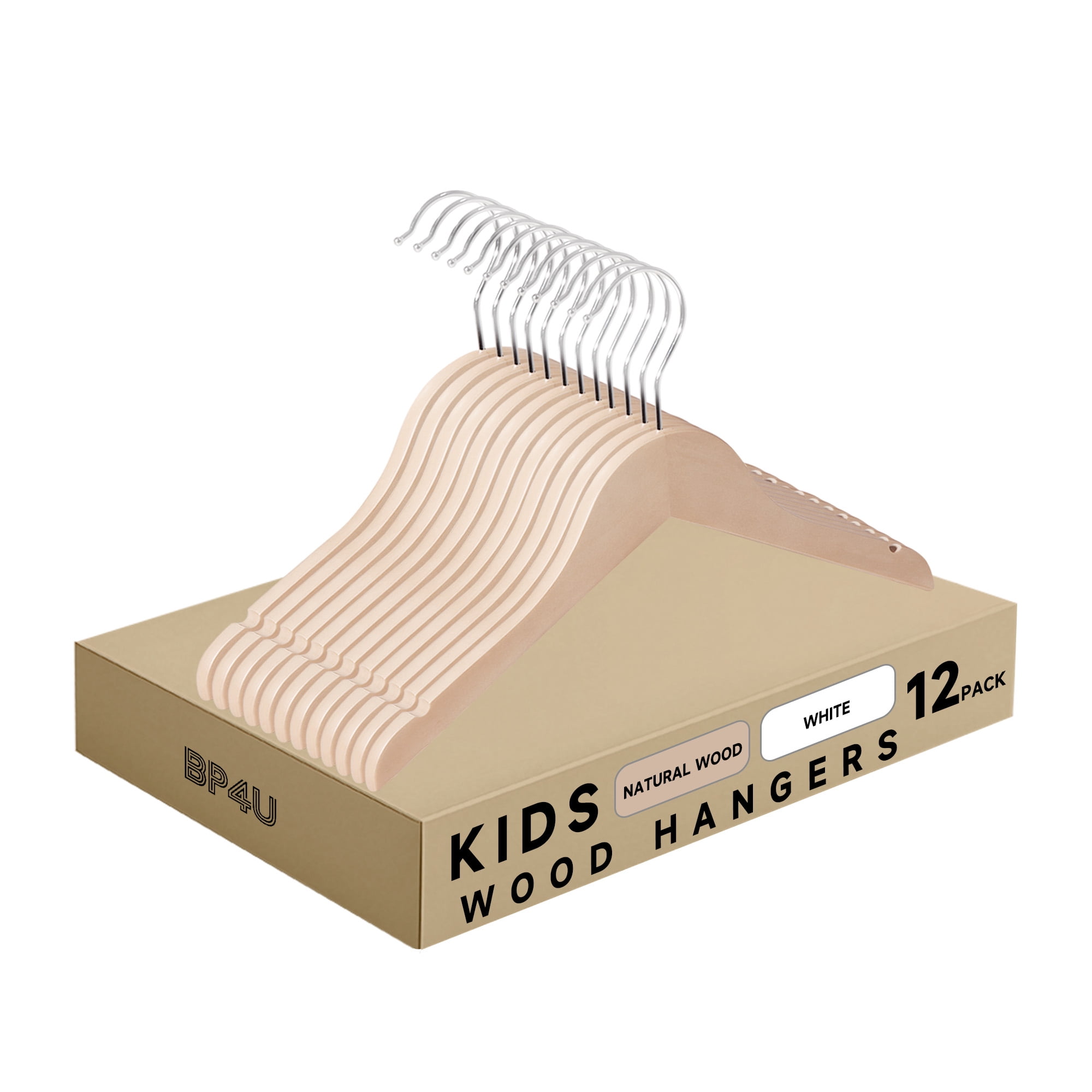 BP4U 12-Pack Kids Wooden Hangers, UNFINISHED Ultra-Slim Baby Solid Wood Clothes Hangers with 360° Swivel Hook for Toddler & Youth Coats/Dresses