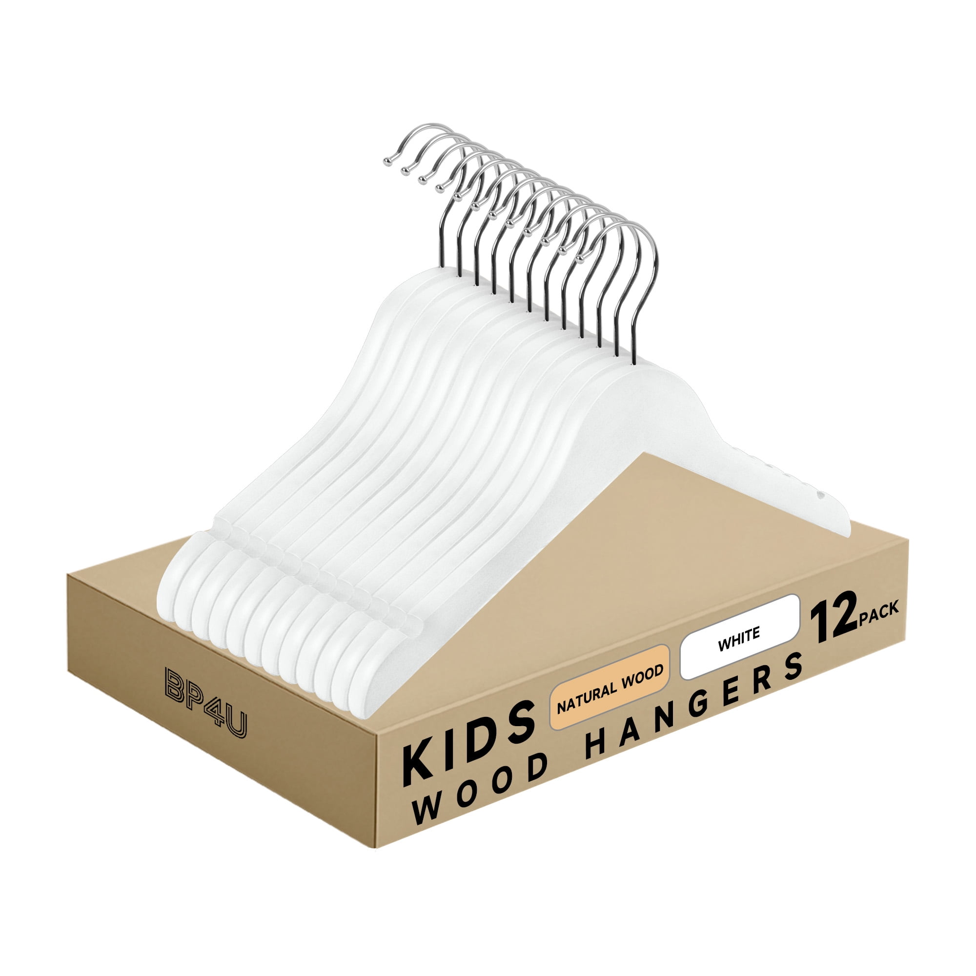BP4U 12-Pack Kids Wooden Hangers, Ultra-Slim Baby Solid Wood Clothes Hangers with 360° Swivel Hook for Toddler & Youth Coats/Dresses