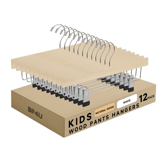 BP4U 12-Pack Kids Wooden Hangers for Toddler & Baby Clothes, Baby Solid Wood Pants Skirts Hangers with Clips for Children's Trousers, Slacks, Jeans