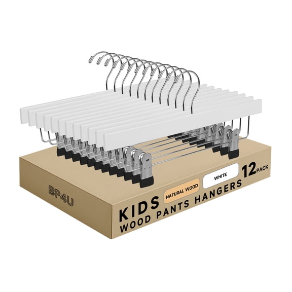 BP4U 12-Pack Kids Wooden Hangers for Toddler & Baby Clothes, Baby Solid Wood Pants Skirts Hangers with Clips for Children's Trousers, Slacks, Jeans