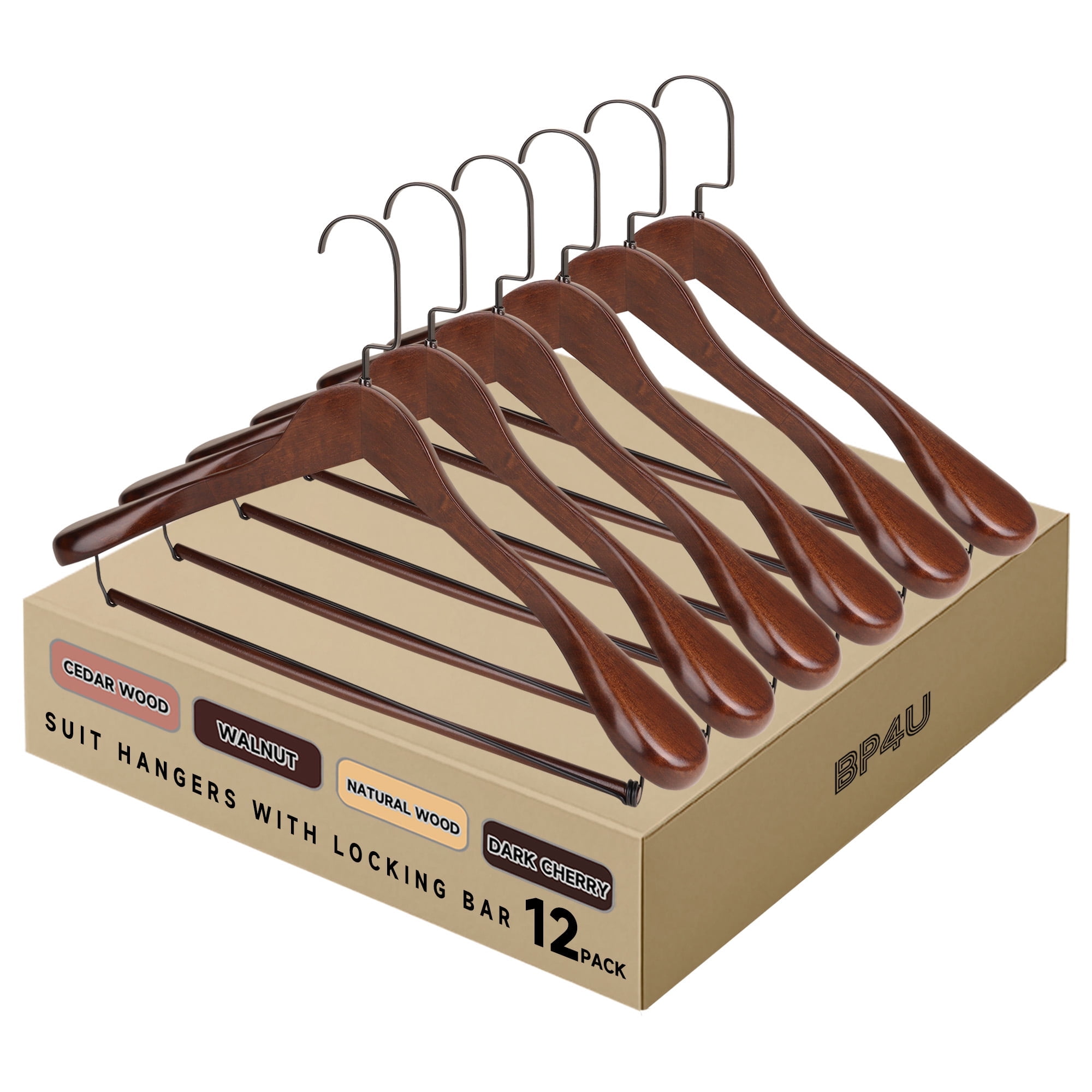 BP4U 12-Pack Premium Wide Shoulder Wooden Suit Hangers, Heavy-Duty Non-Slip Solid Wood Coat Hangers with Locking Bar for Suits & Coats(Walnut)
