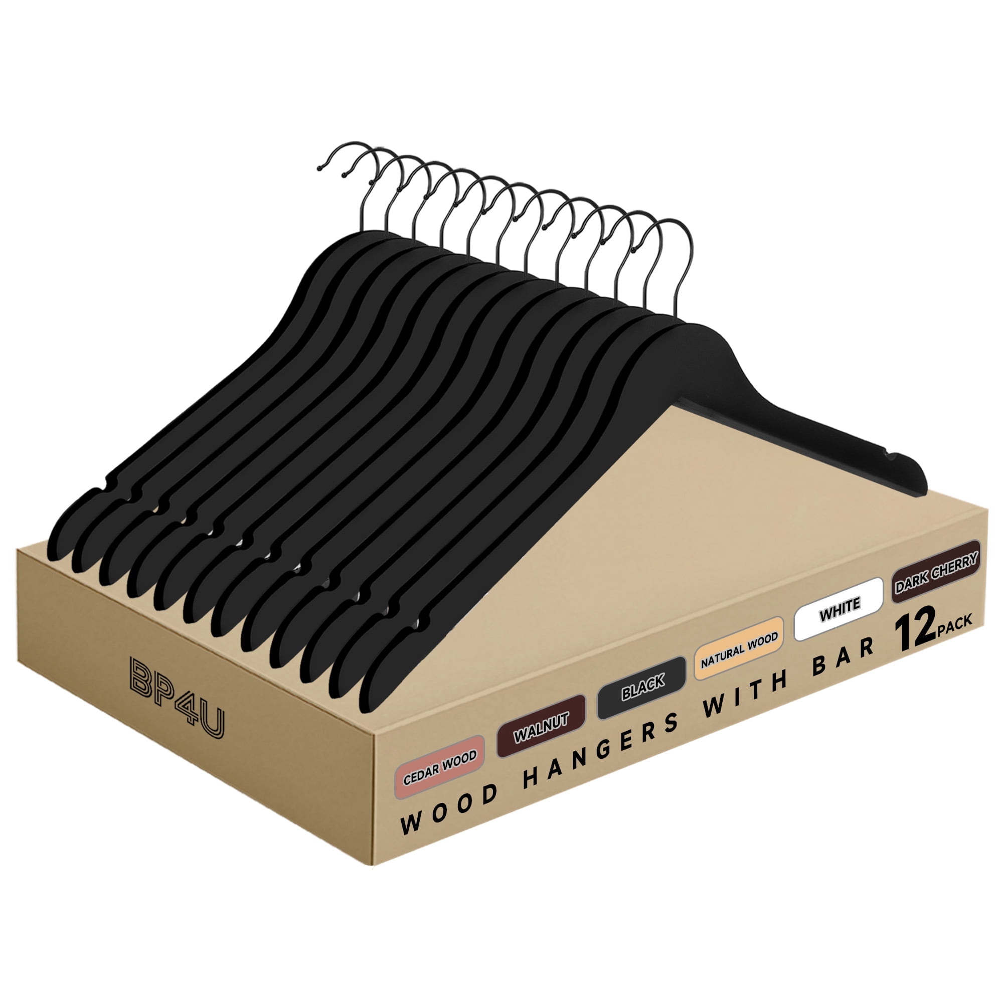 BP4U 12-Pack Premium Wooden Coat Hangers, Heavy-Duty Solid Wood Non-Slip Shirt Hangers with 360° Swivel Hook for Jackets, Suits, Shirts, Skirts(Black)