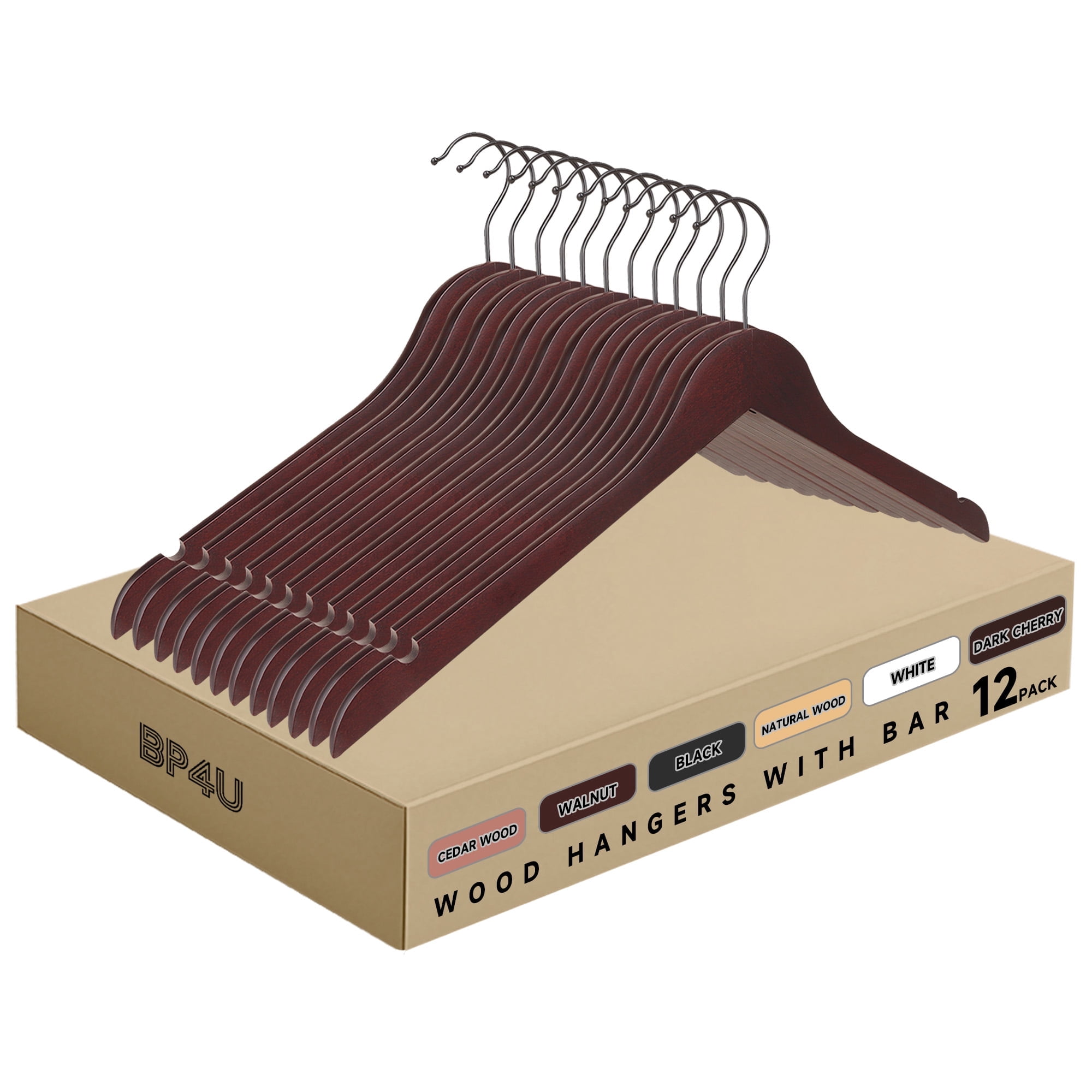 BP4U 12-Pack Premium Wooden Clothes Hangers, Solid Wood Coat Shirt Top Hangers for Jackets, Shirts, Dresses(Dark Cherry)