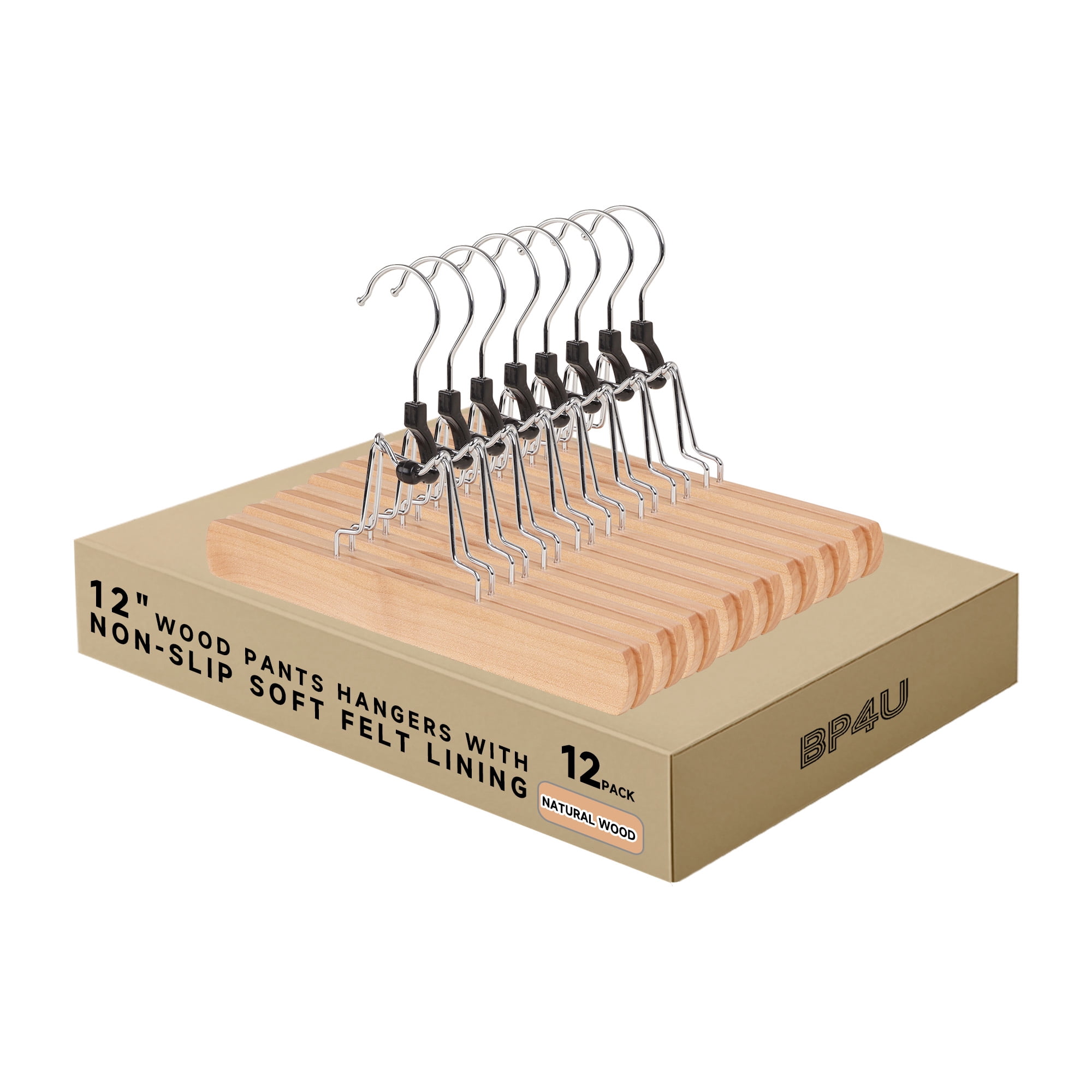 BP4U 12-Pack Wooden Pants Hangers with Felt Lining, 12" Non-Slip Clamp Solid Wood Skirt Hangers for Trousers, Jeans, Shorts, and Delicate Fabrics