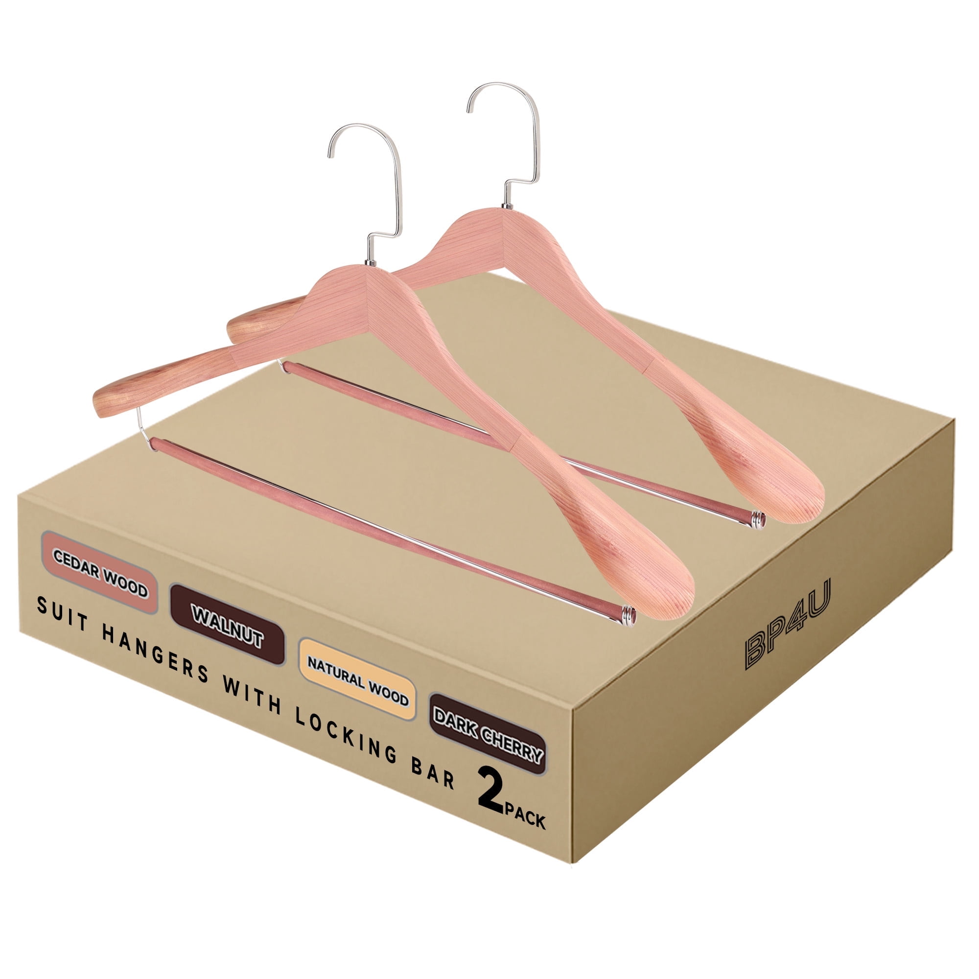 BP4U 2-Pack Premium Wide Shoulder Wooden Suit Hangers, Heavy-Duty Non-Slip Solid Wood Coat Hangers with Locking Bar for Suits & Coats(Cedar Wood)