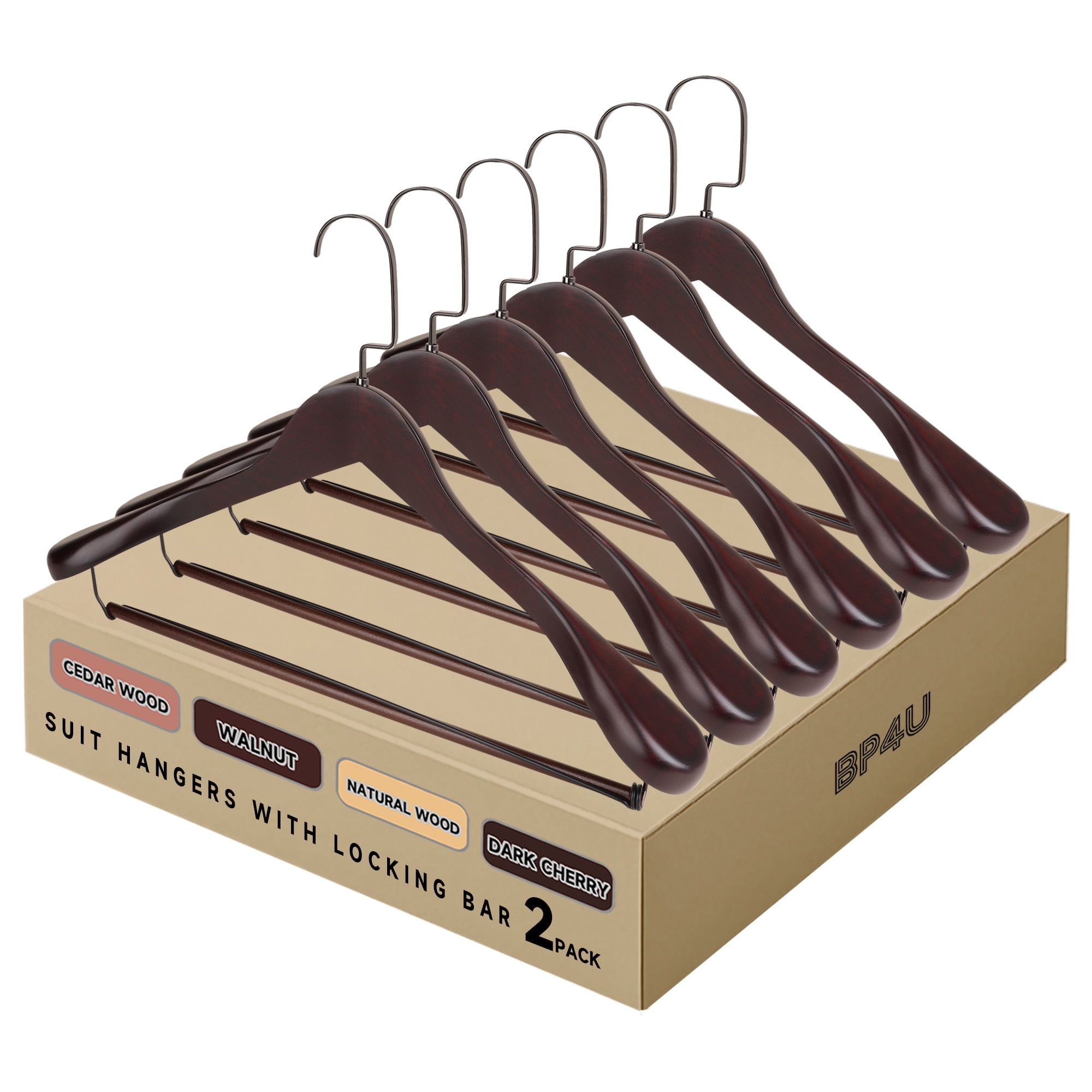 BP4U 2-Pack Premium Wide Shoulder Wooden Suit Hangers, Heavy-Duty Non-Slip Solid Wood Coat Hangers with Locking Bar for Suits & Coats(Dark Cherry)