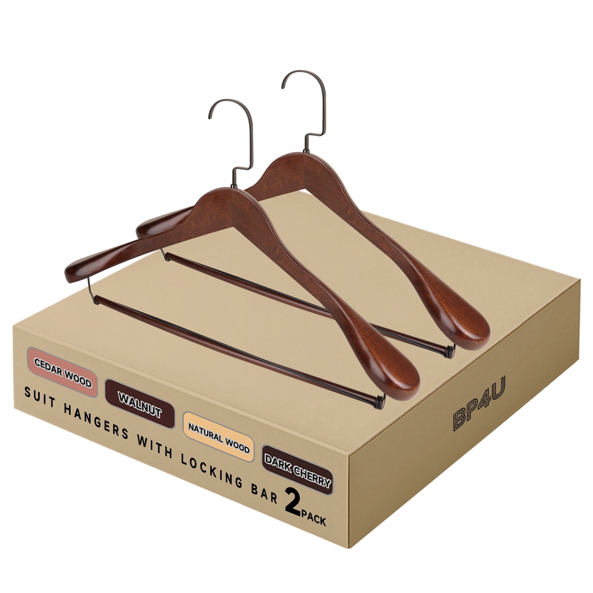 BP4U 2-Pack Premium Wide Shoulder Wooden Suit Hangers, Heavy-Duty Non-Slip Solid Wood Coat Hangers with Locking Bar for Suits & Coats(Walnut)