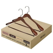 BP4U 2-Pack Premium Wide Shoulder Wooden Suit Hangers, Heavy-Duty Non-Slip Solid Wood Coat Hangers with Locking Bar for Suits & CoatsWalnut