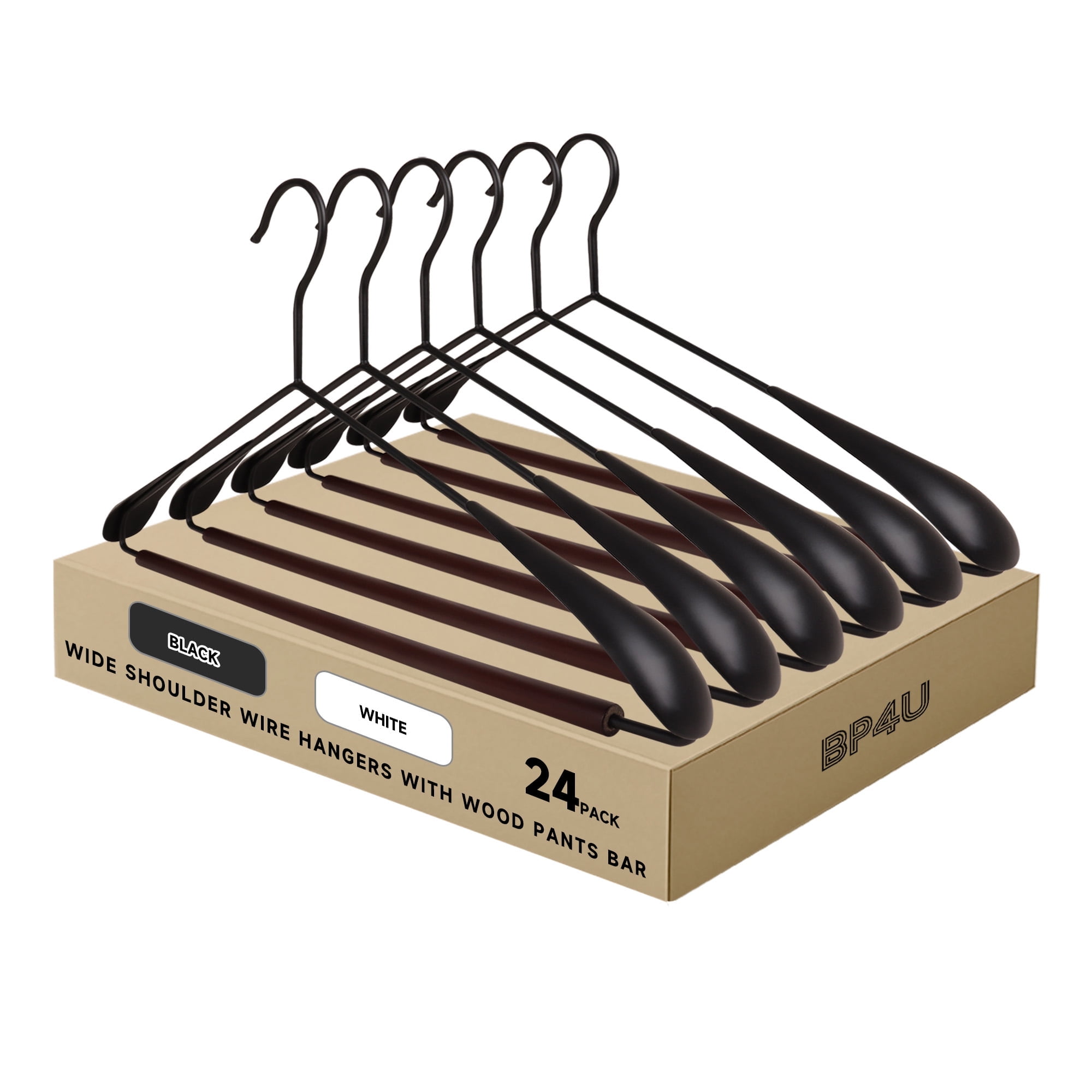 BP4U 24-Pack Heavy Duty Metal Wide Shoulder Suit Hangers, Welded Coat Hangers with Beech Wood Pants Bar(Black)