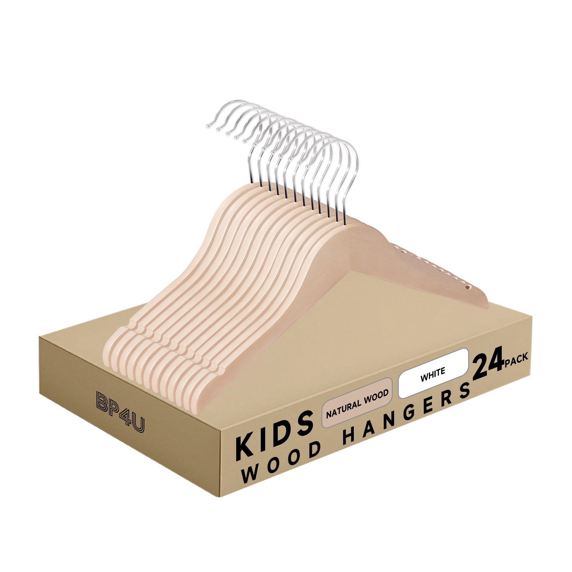 BP4U 24-Pack Kids Wooden Hangers with Pants Bar, UNFINISHED Ultra-Slim Baby Solid Wood Clothes Hangers with 360° Swivel Hook for Toddler & Youth Coats/Dresses