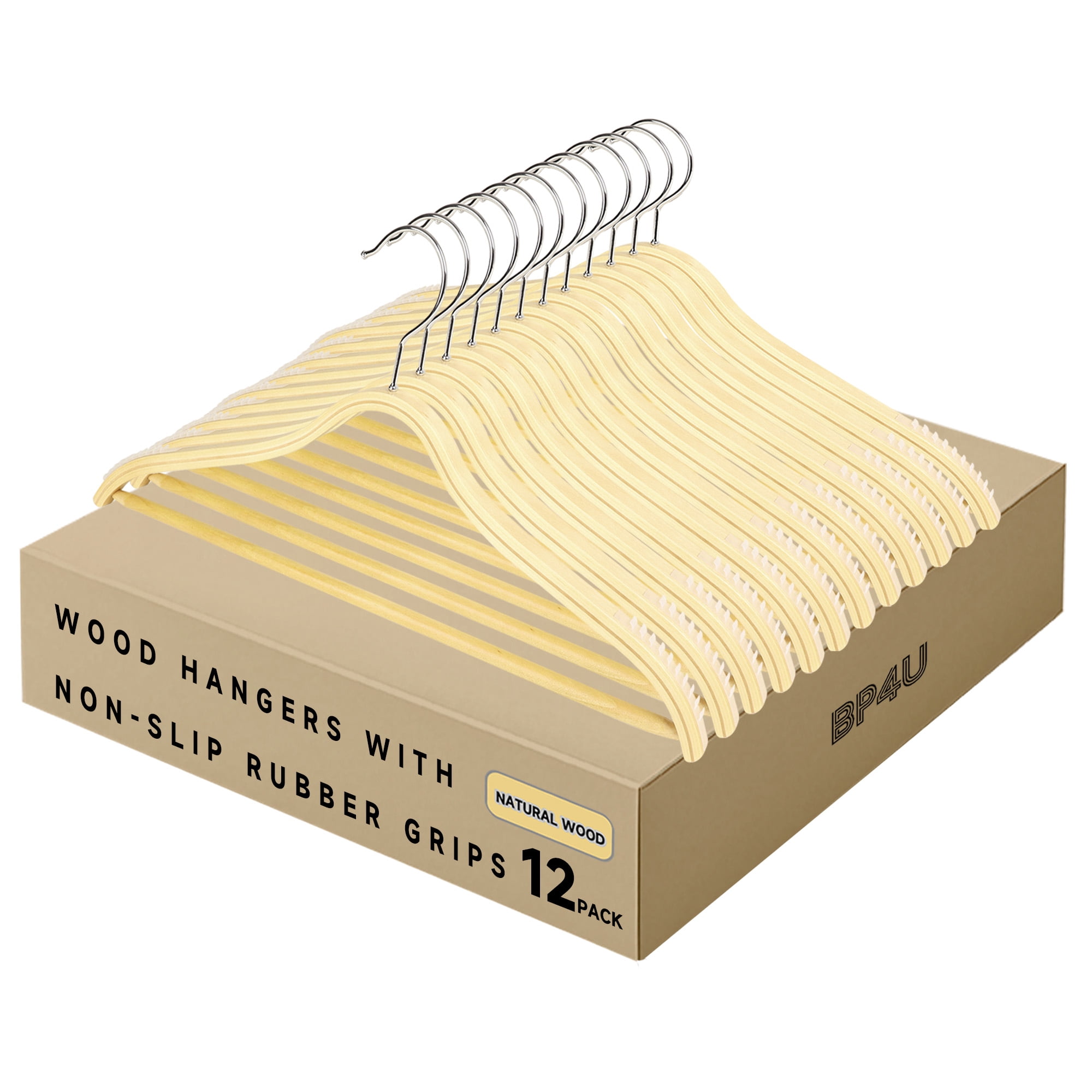 BP4U 24-Pack Wooden Hangers with Pants Bar, Slim Birch Lightweight Birch Wood Hangers with Non-Slip Rubber Strips, Space Saving Profile for Trousers, Sweaters, and Dresses(Natural Wood)