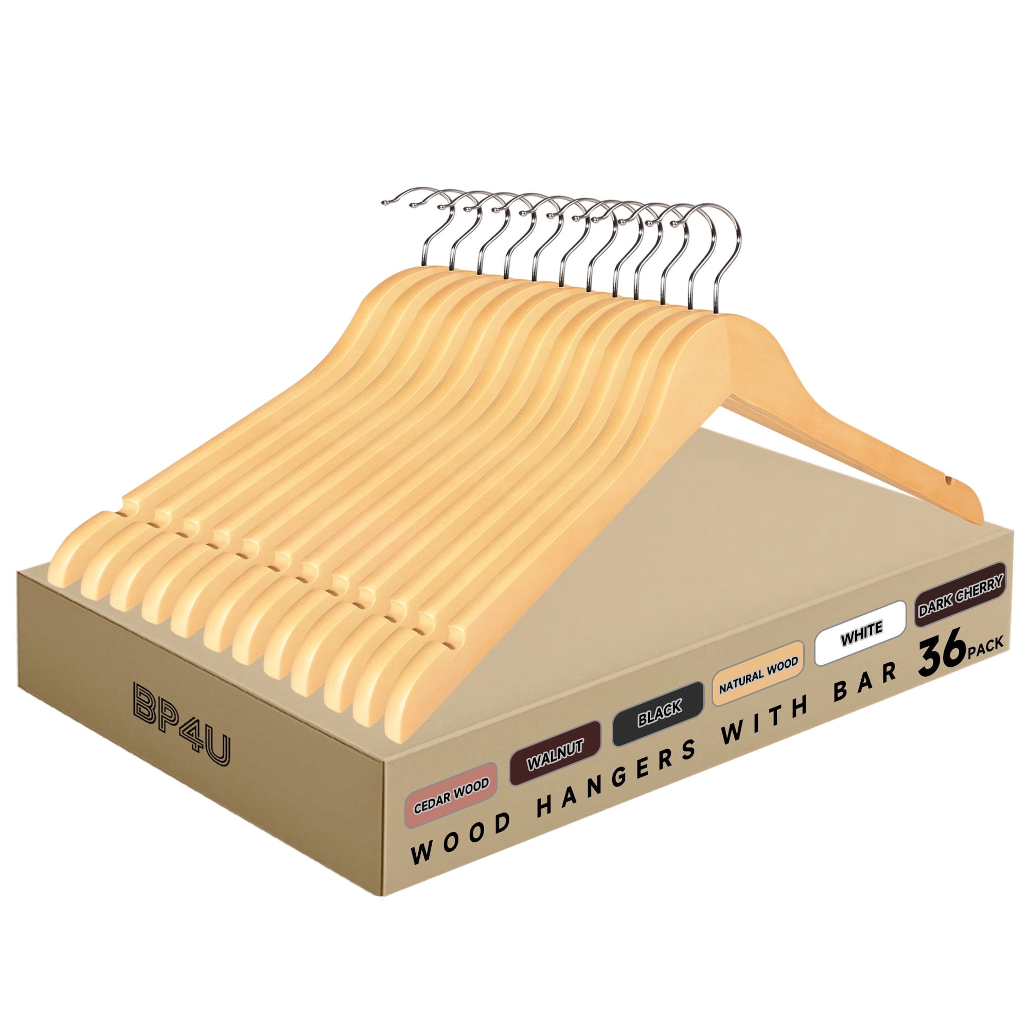 BP4U 36-Pack Premium Wooden Clothes Hangers, Solid Wood Coat Shirt Top Hangers for Jackets, Shirts, Dresses(Natural Wood)