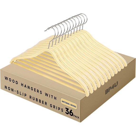 BP4U 36-Pack Wooden Hangers with Pants Bar, Slim Birch Lightweight Birch Wood Hangers with Non-Slip Rubber Strips, Space Saving Profile for Trousers, Sweaters, and Dresses(Natural Wood)