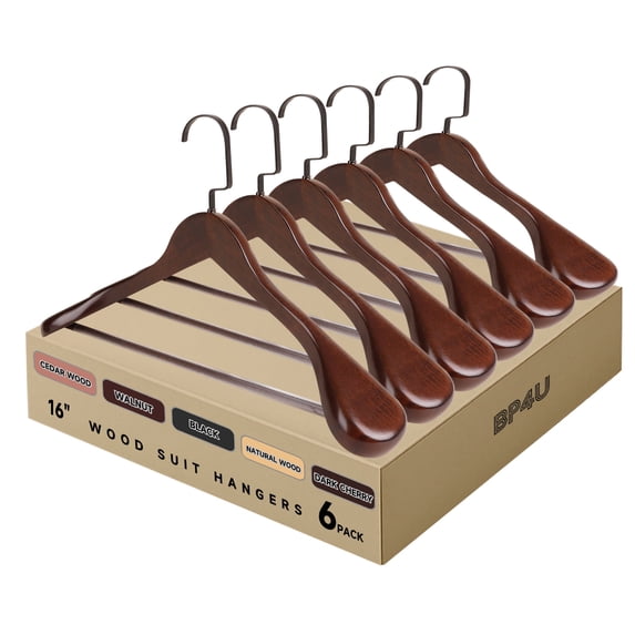 BP4U 6-Pack Premium Wide Shoulder Wooden Suit Hangers, 16-Inch Heavy-Duty Solid Wood Coat Hangers for Women's Suits & Coats(Walnut)