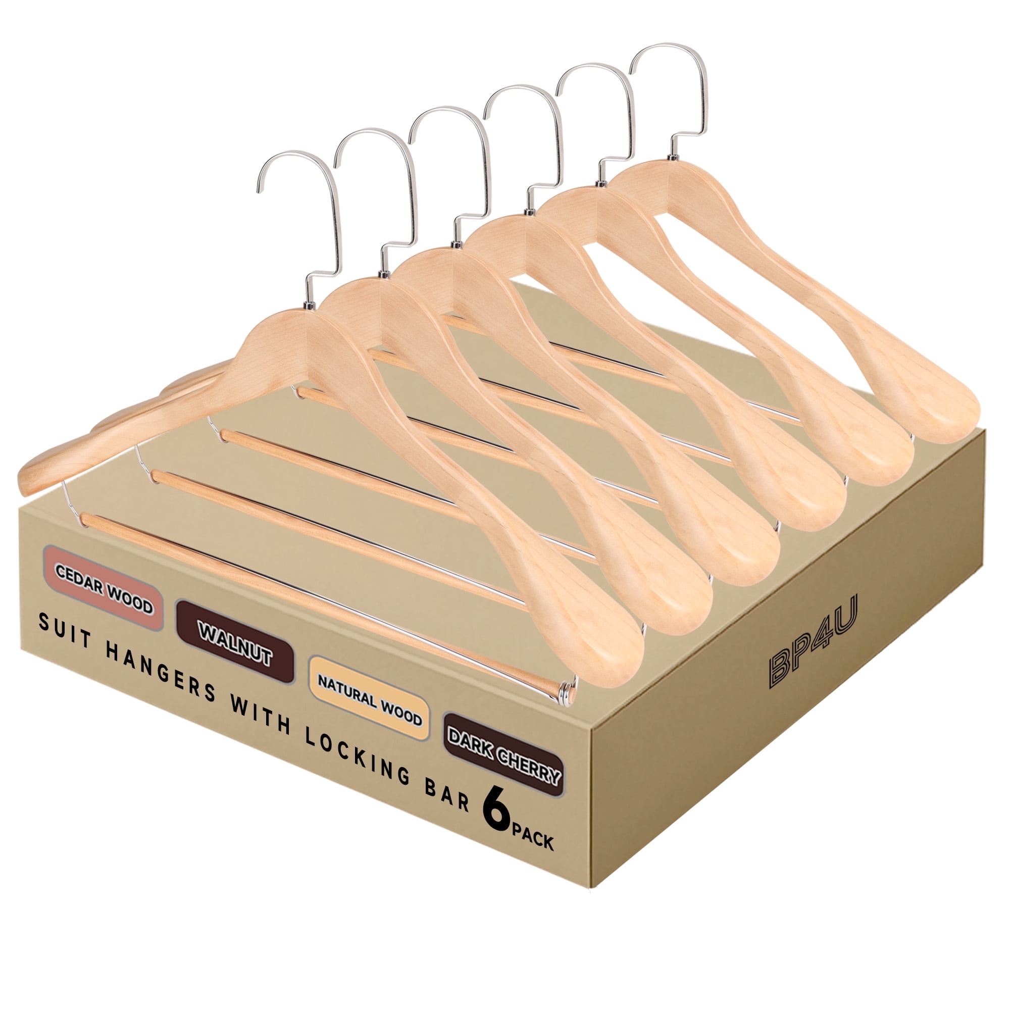 BP4U 6-Pack Premium Wide Shoulder Wooden Suit Hangers, Heavy-Duty Non-Slip Solid Wood Coat Hangers with Locking Bar for Suits & Coats(Natural Wood)