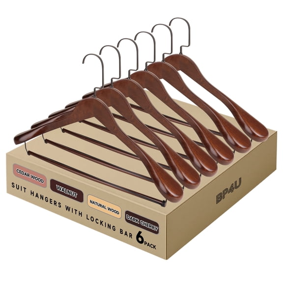 BP4U 6-Pack Premium Wide Shoulder Wooden Suit Hangers, Heavy-Duty Non-Slip Solid Wood Coat Hangers with Locking Bar for Suits & Coats(Walnut)