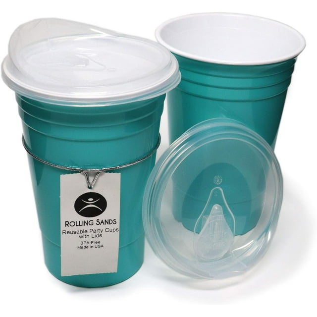 BPAFree Aqua Party Cups with Lids 16oz Reusable, 2 Pack Made in