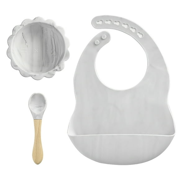 BPA Free Baby Silicone Tableware Waterproof Bib Flexible Saliva Towel Solid Color Sucker Bowl And Spoon for Children (S016-marble)