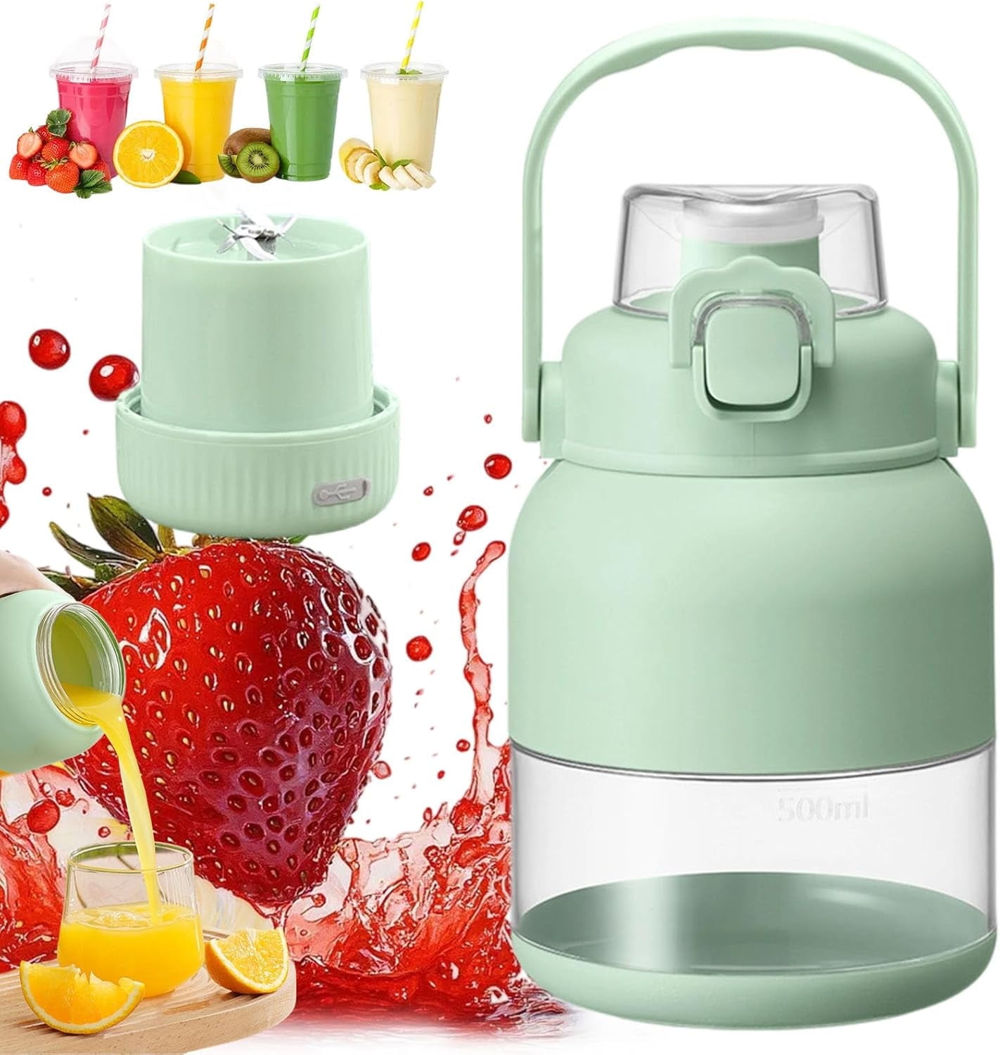 BPA-Free Electric Citrus Juicer 17 Oz Portable Blender, Powerful Portable 17oz Fresh Juicer with Straw, Small Fruit Electric Juicers for Smoothies, Shakes, Food Prep & Frozen Blending (1pcs+knife)