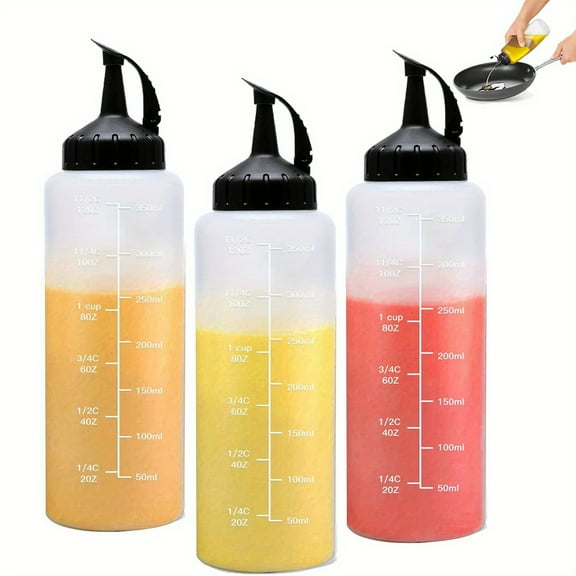 BPA-Free Plastic Squeeze Condiment Bottles 3-Pack – 12oz with Twist Cap, Refillable – Durable, Machine Washable for Sauces, Dressings, Oils – Easy Open/Close, Accurate Measurement Marks, Round Shape