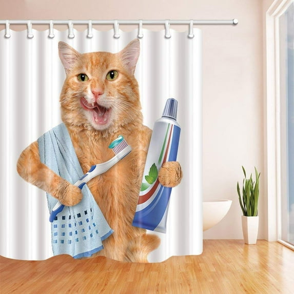BPBOP A Cat with Toothpaste on Toothbrush Polyester Fabric Bath Curtain, Bathroom Shower Curtain 66x72 inches