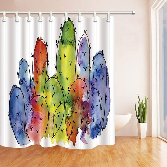 BPBOP Abstract Colorful Hand Drawn Cacti Decor Prickly Pear Succulents Spines Watercolor Cactus Polyester Fabric Bath Curtain, Bathroom Shower Curtain 66x72 inches