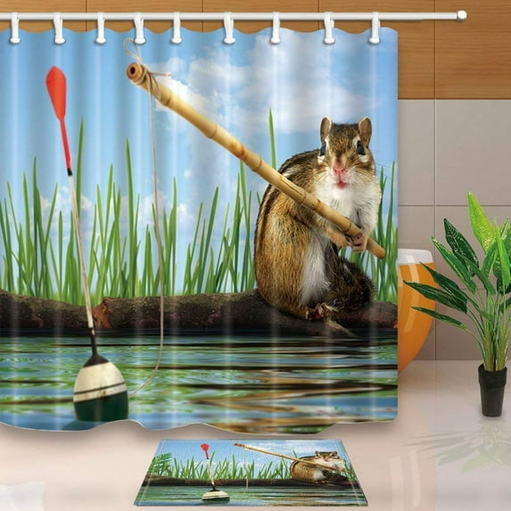 BPBOP Animal Decor Cute Squirrel Fishing by the River Shower Curtain 66x72 inches with Floor Doormat Bath Rugs 15.7x23.6 inches