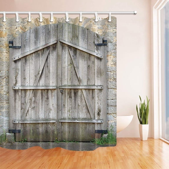 BPBOP Architectural Decor Rustic Wooden Door on Brick Wall at Village in Hohenlohefor Polyester Fabric Bathroom Shower Curtain 66x72 inches