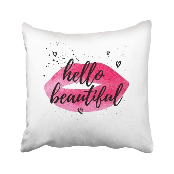 BPBOP Black Beauty Hello Beautiful Hand Lettering Quote On Pink Watercolor Lips Cute Drawn Dream Pillowcase 18x18 inch