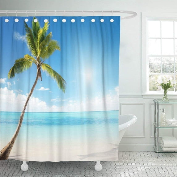 BPBOP Blue Beach Caribbean Sea and Coconut Palm Green Paradise Tree Island Sun Sand Sunny Polyester Shower Curtain Bathroom Decor 66x72 inches