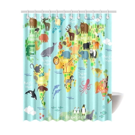 BPBOP Children Kids Shower Curtain Decor, Animal Map of the World for Children and Kids Cartoon Ocean Mountains Forests Fabric Bathroom Set with Hooks, 66x72 Inches, Green Yellow Blue