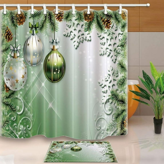 BPBOP Christmas Decor Christmas Balls Tied to Pine Leaf Against Green Backdrop Shower Curtain 66x72 inches with Floor Doormat Bath Rugs 15.7x23.6 inches