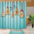 thumbnail image 1 of BPBOP Christmas Decor Happy Gingerbread Family Hanging on Turquoise Wooden Shower Curtain 66x72 inches with Floor Doormat Bath Rugs 15.7x23.6 inches, 1 of 1