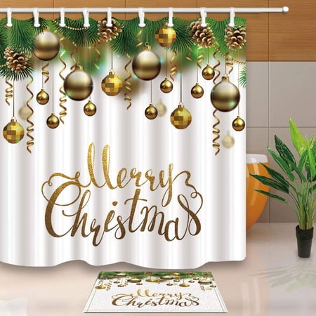 BPBOP Christmas Gold Balls and Pine Nuts in Leaves for Holiday Bath Curtain Shower Curtain 66x72 inches with Floor Doormat Bath Rugs 15.7x23.6 inches