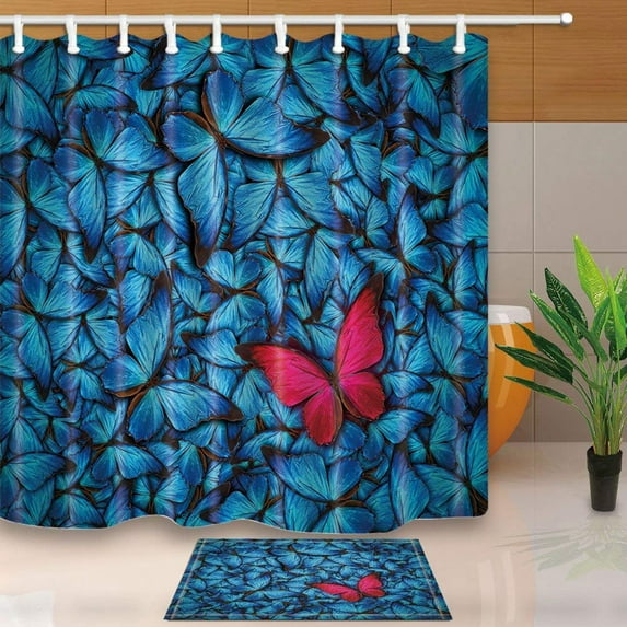 BPBOP Creative One Red Butterfly in Blue butterflys Shower Curtain 66x72 inches with Floor Doormat Bath Rugs 15.7x23.6 inches