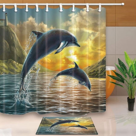 BPBOP Digital Painting Decor Two Dolphins Jumping out of Sea over Sunset Shower Curtain 66x72 inches with Floor Doormat Bath Rugs 15.7x23.6 inches